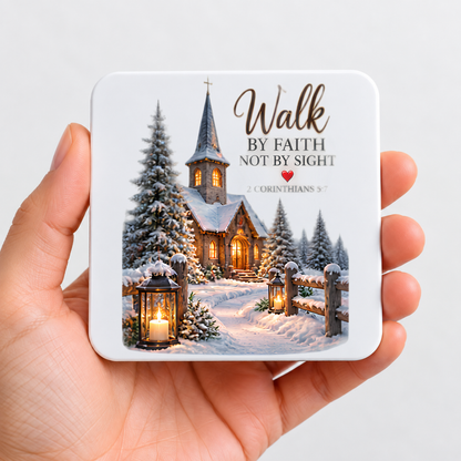 Inspirational Religious Hardboard Coaster "Walk By Faith Not By Sight" Graphic 9cm x 9cm Square Drinks Coaster “Snowy Winter Church Village with Illuminated Lanterns Novelty Mat | Christian Glossy Gift | Fast Dispatch by UK Seller (C3051)