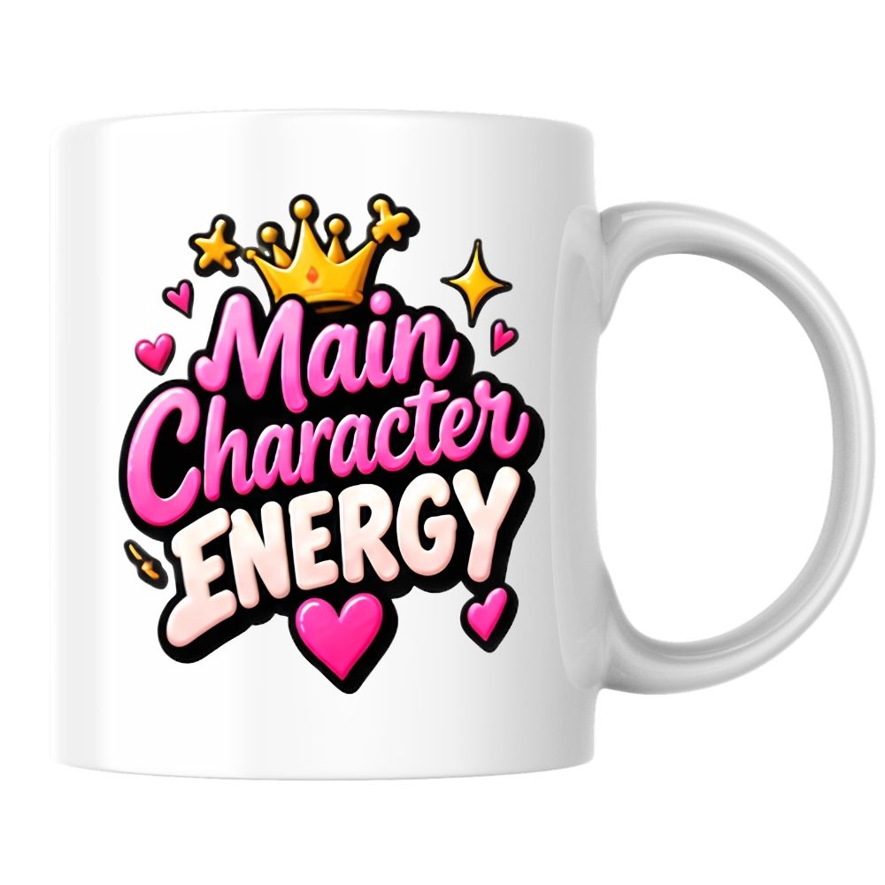 Sassy Mug "Main Character Energy" 325ml Ceramic Coffee Mug Cute Bold Typography Tea Cup with Gold Crown, Sparkles & Pink Hearts Gift | Available in Multicolours | Fast Dispatch by UK Seller (M1299)