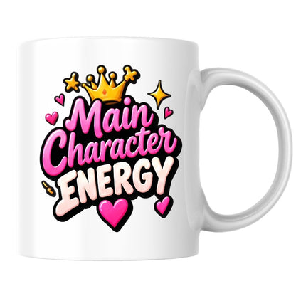 Sassy Mug "Main Character Energy" 325ml Ceramic Coffee Mug Cute Bold Typography Tea Cup with Gold Crown, Sparkles & Pink Hearts Gift | Available in Multicolours | Fast Dispatch by UK Seller (M1299)
