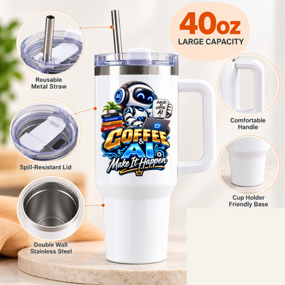 Funny Tech Travel Tumbler "COFFEE & AI Make It Happen" Graphic 40oz Stainless Steel Insulated Travel Mug with Handle & Straw – Robot with Laptop, Mug & Stacked Books Novelty Gift for Coders & Office | Fast Dispatch by UK Seller (T3051)