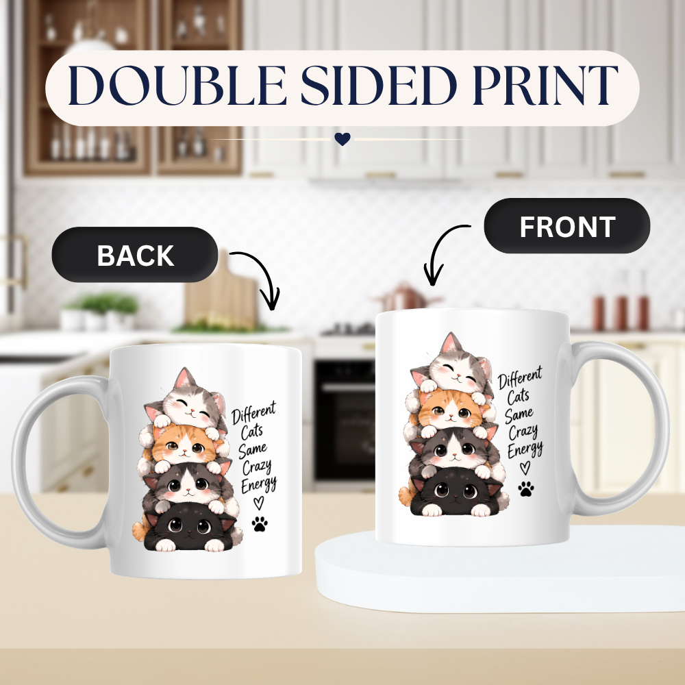 Funny Cat Mug "Different Cats Same Crazy Energy" Stacked Kittens 325ml Ceramic Coffee Mug Cute Cat Lover Tea Cup with Cute Kitten Stack & Paw Print Graphic Gift | Available in Multicolours | Fast Dispatch by UK Seller (M3027)