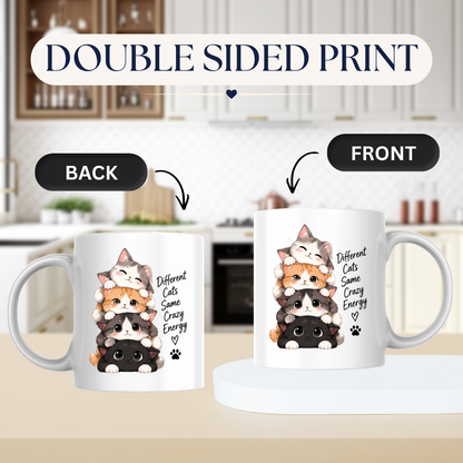 Funny Cat Mug "Different Cats Same Crazy Energy" Stacked Kittens 325ml Ceramic Coffee Mug Cute Cat Lover Tea Cup with Cute Kitten Stack & Paw Print Graphic Gift | Available in Multicolours | Fast Dispatch by UK Seller (M3027)