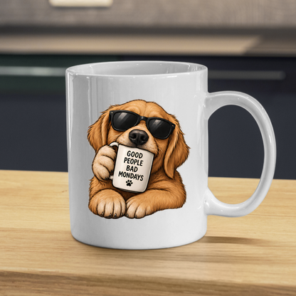 Funny Dog Mug "GOOD PEOPLE BAD MONDAYS" Cool Golden Retriever 325ml Ceramic Coffee Mug Sarcastic Puppy Tea Cup with Sunglasses & Mini Mug Graphic Gift | Available in Multicolours | Fast Dispatch by UK Seller (M3004)