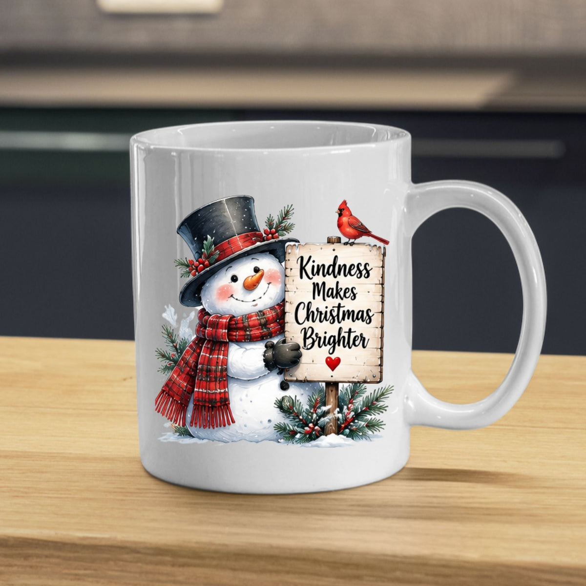 Heartwarming Mug "Kindness Makes Christmas Brighter" Snowman 325ml Ceramic Coffee Mug – Cute Winter Holiday Tea Cup with Top Hat, Cardinal Wooden Sign Gift | Available in Multicolours | Fast Dispatch by UK Seller (M1249)