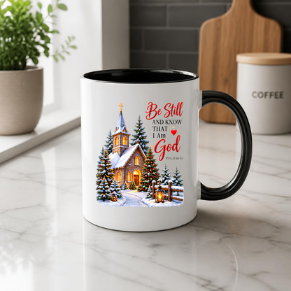 Religious Christmas Mug "Be Still And Know That I Am God" Church Be Still And Know That I Am God 325ml Ceramic Coffee Mug – Church Scripture Mug with Psalm 46:10, Decorated Trees & Lantern | Religious Holiday Gift | Fast Dispatch by UK Seller (M3355)