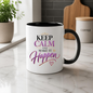 Motivational Mug "Keep Calm And Make It Happen" 325ml Ceramic Coffee Tea Cup – Purple & Gold Typography, Sunburst & Heart Slogan Novelty Gift for Friends, Colleagues, Birthday – Fast Dispatch by UK Seller (M3494)