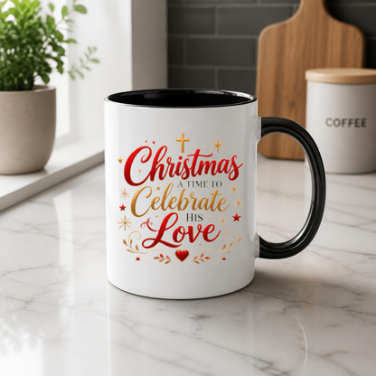 Christmas Mug "Christmas A Time To Celebrate His Love" 325ml Ceramic Coffee Mug – Festive Christian Typography Mug With Golden Cross Stars Red Heart Holiday Gift | Available in Multicolours | Fast Dispatch by UK Seller (M3315)