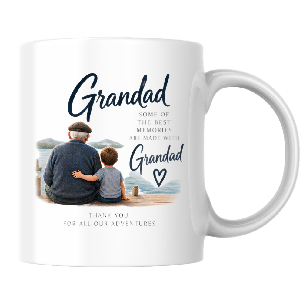 Family Mug "Grandad SOME OF THE BEST MEMORIES ARE MADE WITH" Sentimental Grandpa 325ml Ceramic Coffee Mug – Heartwarming Grandad Tea Cup with Grandfather & Grandchild Lake Scene Graphic Gift | Available in Multicolours | Fast Dispatch by UK Seller (M3016)