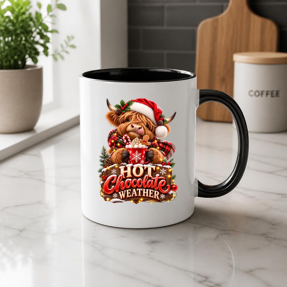 Christmas Mug "Hot Chocolate Weather" Hot Chocolate Weather 325ml Ceramic Coffee Mug – Cute Highland Cow Santa Mug with Gingerbread & Marshmallows | Festive Holiday Christmas Gift | Fast Dispatch by UK Seller (M3335)
