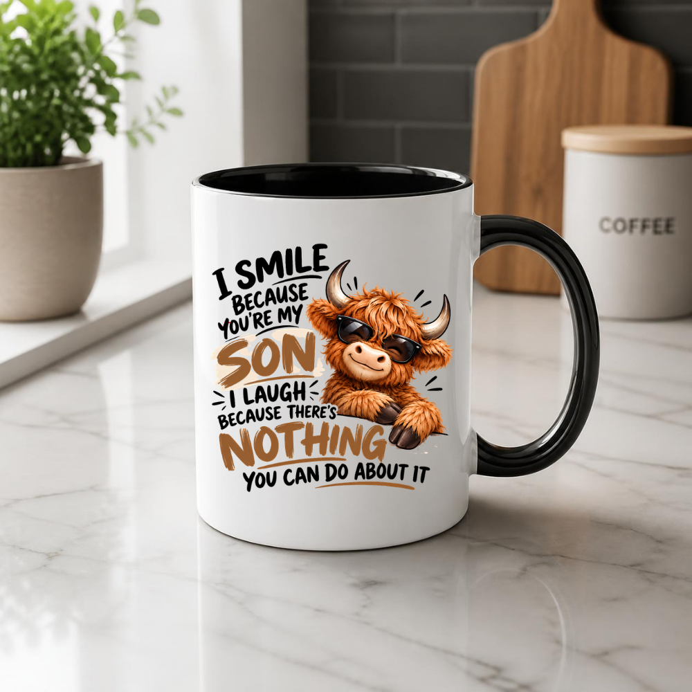 Cool Highland Cow Mug "I Smile Because You're My Son" I Laugh Because There's Nothing You Can Do About It 325ml Ceramic Coffee Mug – Cool Highland Cow in Sunglasses | Funny Father's Day & Birthday Gift for Son | Fast Dispatch by UK Seller (M3459)