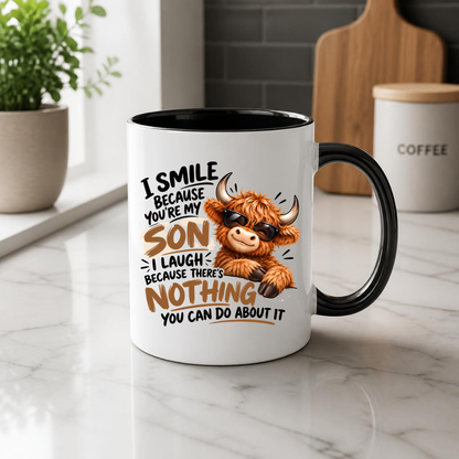 Cool Highland Cow Mug "I Smile Because You're My Son" I Laugh Because There's Nothing You Can Do About It 325ml Ceramic Coffee Mug – Cool Highland Cow in Sunglasses | Funny Father's Day & Birthday Gift for Son | Fast Dispatch by UK Seller (M3459)