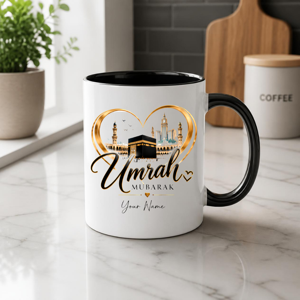 Personalised Umrah Mubarak Mug 325ml Ceramic Coffee Tea Cup – Custom Name, Holy Kaaba, Golden Heart Frame & Makkah Skyline Religious Pilgrimage Gift for Family, Friends, Hajj Celebration – Fast Dispatch by UK Seller (M3488)