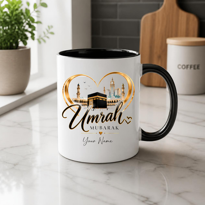 Personalised Umrah Mubarak Mug 325ml Ceramic Coffee Tea Cup – Custom Name, Holy Kaaba, Golden Heart Frame & Makkah Skyline Religious Pilgrimage Gift for Family, Friends, Hajj Celebration – Fast Dispatch by UK Seller (M3488)