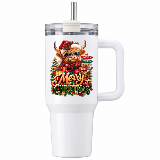 Festive Christmas Highland Cow Travel Tumbler "Merry Christmas" Graphic 40oz Stainless Steel Insulated Travel Mug with Handle & Straw – Cool Cow in Santa Hat, Sunglasses, Scarf & North Pole Sign Novelty Travel Cup | Fast Dispatch by UK Seller (T3042)