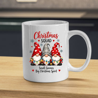 Festive Mug "Christmas Squad" Trio Gnomes 325ml Ceramic Coffee Mug – Cute Winter Holiday Tea Cup with String Lights & Hearts Gift | Available in Multicolours | Fast Dispatch by UK Seller (M1256)