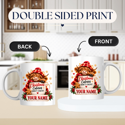 Personalised Christmas Mug "Christmas Calories Don't Count" 325ml Ceramic Coffee Tea Cup – Santa Hat Highland Cow, Gingerbread Man, Custom Name & Funny Holiday Slogan Novelty Gift for Bestie, Women, Holiday – Fast Dispatch by UK Seller (M3519)