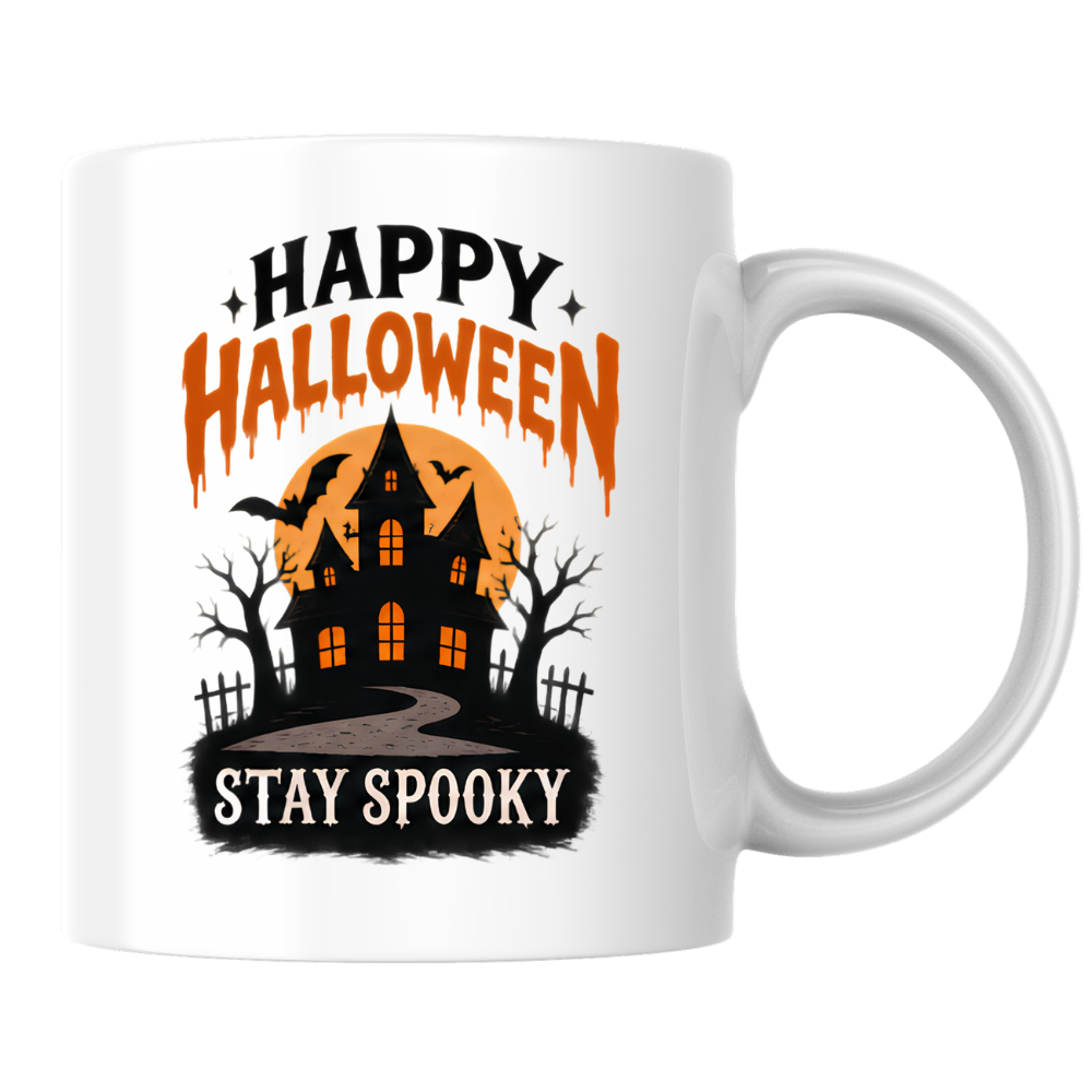 Halloween Mug "HAPPY HALLOWEEN Stay Spooky" Haunted House 325ml Ceramic Coffee Mug – Atmospheric Autumn Tea Cup with Full Moon & Bats Graphic Gift | Available in Multicolours | Fast Dispatch by UK Seller (M3072)