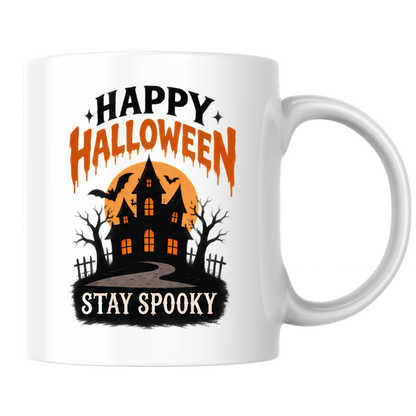 Halloween Mug "HAPPY HALLOWEEN Stay Spooky" Haunted House 325ml Ceramic Coffee Mug – Atmospheric Autumn Tea Cup with Full Moon & Bats Graphic Gift | Available in Multicolours | Fast Dispatch by UK Seller (M3072)