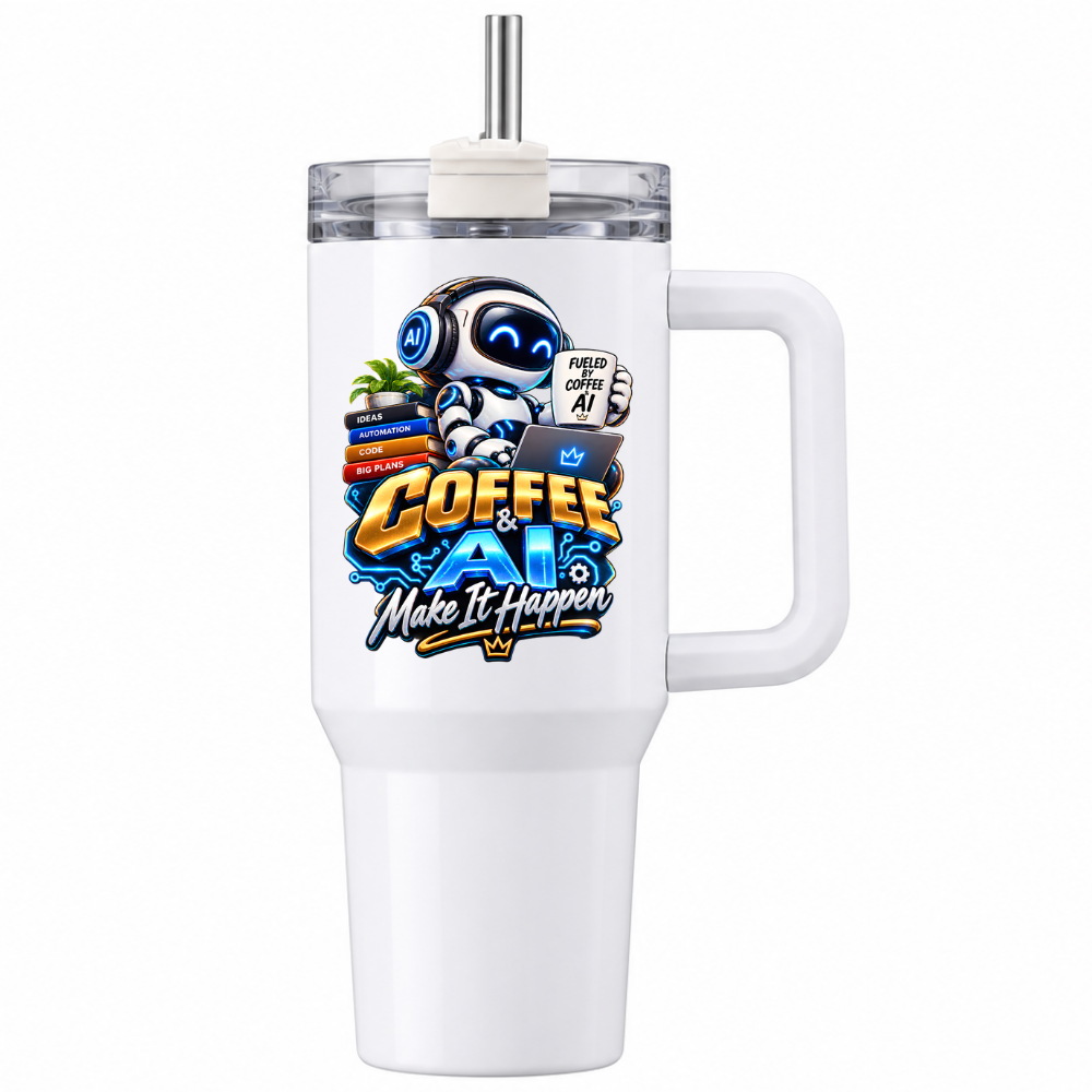 Funny Tech Travel Tumbler "COFFEE & AI Make It Happen" Graphic 40oz Stainless Steel Insulated Travel Mug with Handle & Straw – Robot with Laptop, Mug & Stacked Books Novelty Gift for Coders & Office | Fast Dispatch by UK Seller (T3051)