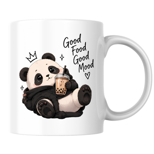 Cute Panda Mug "Good Food Good Mood" Boba Tea Panda 325ml Ceramic Coffee Mug Funny Panda Tea Cup with Crown & Bubble Tea Graphic Gift | Available in Multicolours | Fast Dispatch by UK Seller (M3028)