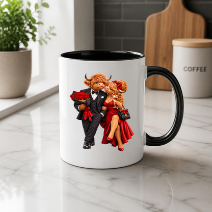 Romantic Mug "Romantic Highland Cow Couple Date Night" Romantic Highland Cow Couple 325ml Ceramic Coffee Mug – Elegant Evening Date Tea Cup With Black Tuxedo Red Evening Gown Graphic Gift | Available in Multicolours | Fast Dispatch by UK Seller (M3192)