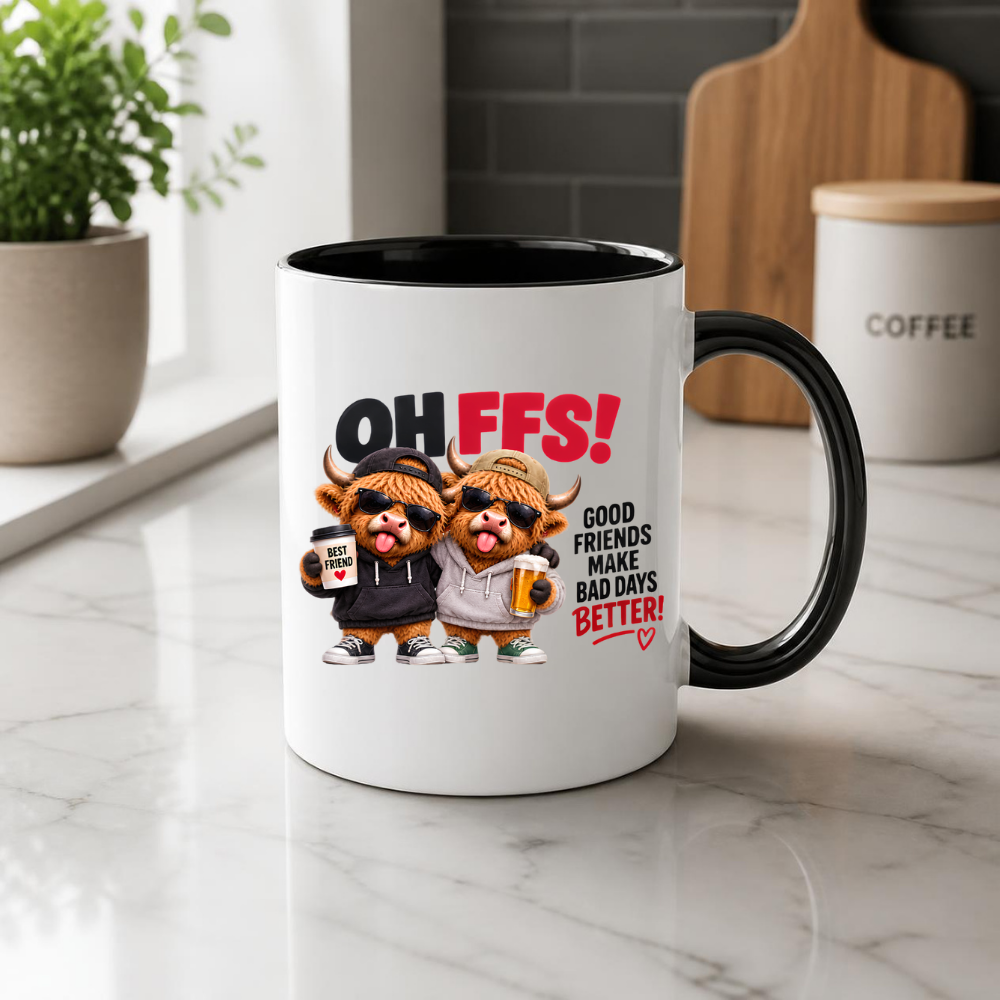 Best Friends Highland Cows Mug "OH FFS! Good Friends Make Bad Days Better!" Oh Ffs! Good Friends Make Bad Days Better! 325ml Ceramic Coffee Mug – Cute Highland Cows in Hoodies & Caps with Cup & Mug | Funny Bestie Gift | Fast Dispatch by UK Seller (M3371)