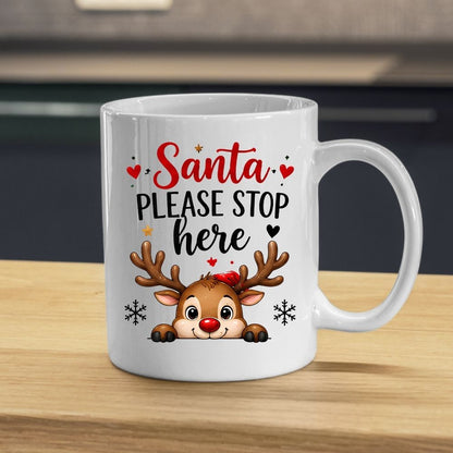 Festive Mug "Santa Please Stop Here" Reindeer Peeking 325ml Ceramic Coffee Mug Cute Winter Holiday Tea Cup with Red Nose, Snowflakes & Hearts Gift | Available in Multicolours | Fast Dispatch by UK Seller (M1274)