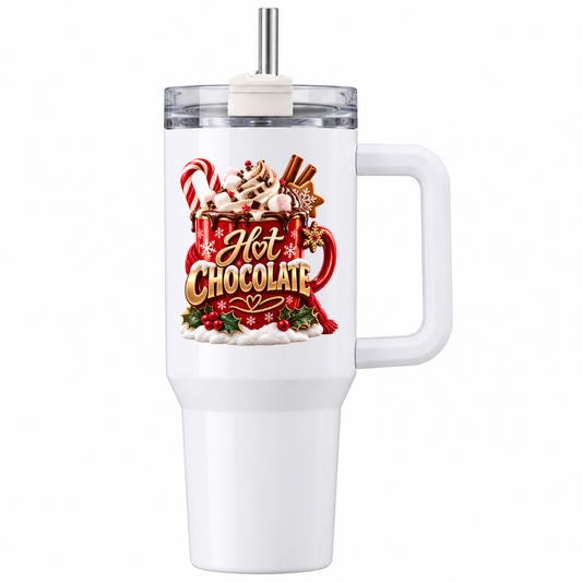 Festive Christmas Travel Tumbler "Hot Chocolate" Graphic 40oz Stainless Steel Insulated Travel Mug with Handle & Straw – Whipped Cream Mug, Candy Cane, Marshmallows & Cinnamon Sticks Festive Gift | Fast Dispatch by UK Seller (T3067)