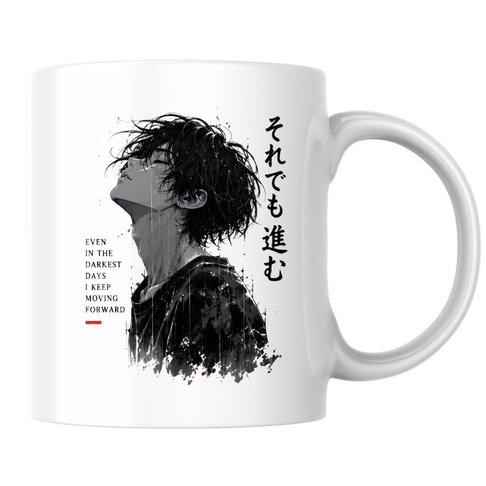 Inspirational Anime Boy Mug "EVEN IN The Darkest Days I Keep Moving Forward" Rain & Ink Splash 325ml Ceramic Coffee Mug – Aesthetic Resilience Tea Cup With Japanese Kanji Graphic Gift | Available in Multicolours | Fast Dispatch by UK Seller (M3048)