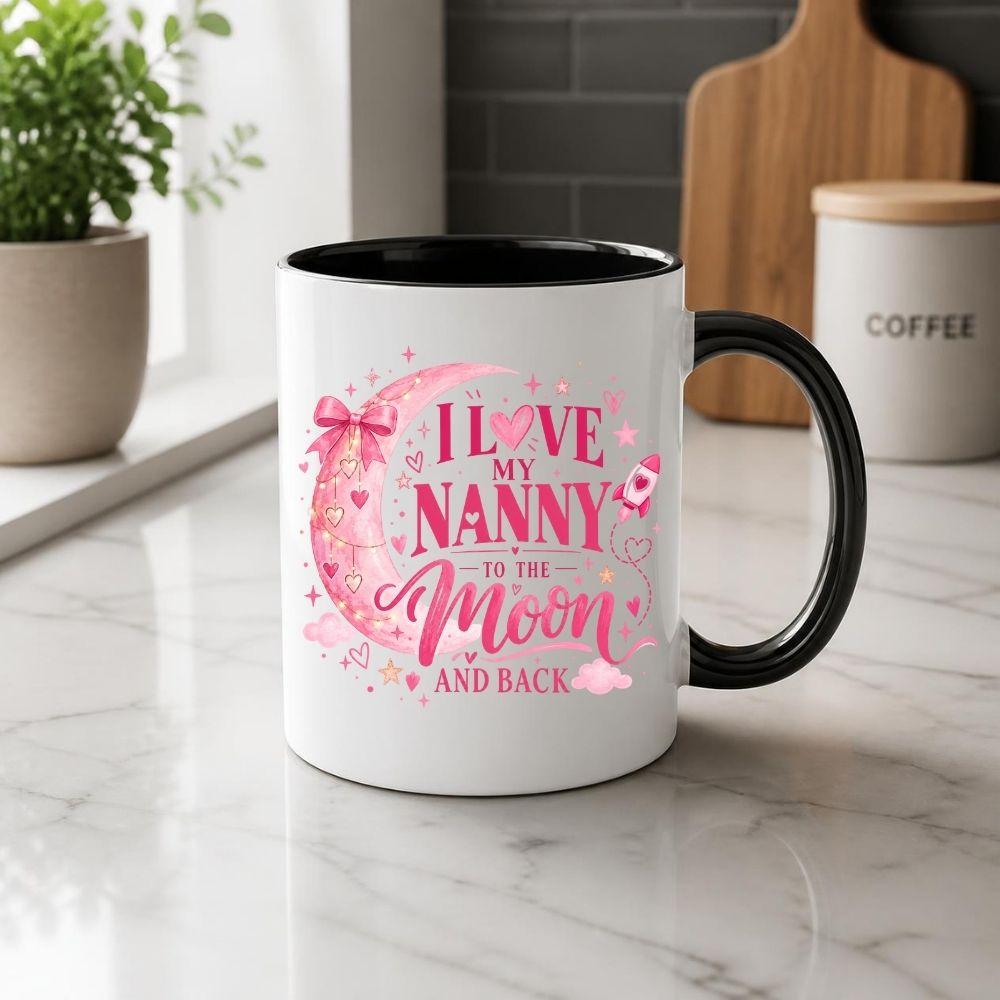 Cute Mug "I Love My Nanny to the Moon and Back" Pink Moon & Stars Ceramic Coffee Cup 350ml, Heartwarming Nan Grandma Grandmother Gift from Granddaughter Grandson, Birthday Christmas Mothers Day Stocking Filler | Fast Dispatch by UK Seller (M1129)