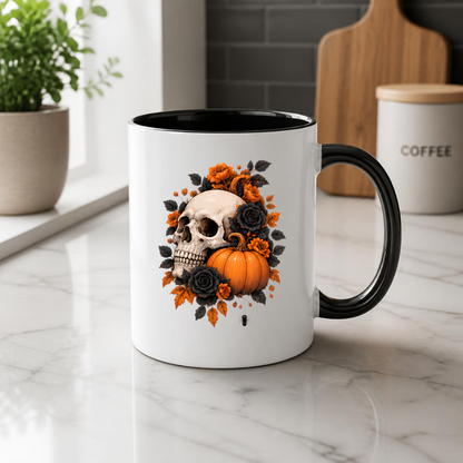 Halloween Mug "Floral Skull & Orange Pumpkin" Floral Skull and Orange Pumpkin 325ml Ceramic Coffee Mug – Gothic Halloween Autumn Tea Cup With Detailed Human Skull Roses Spider Graphic Gift | Available in Multicolours | Fast Dispatch by UK Seller (M3226)