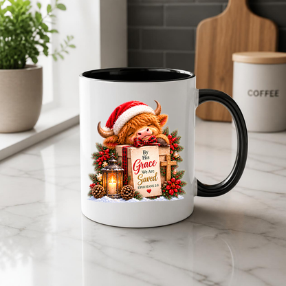 Christmas Mug "By His Grace We Are Saved Highland Cow" By His Grace We Are Saved Ephesians 2:8 325ml Ceramic Mug – Festive Highland Cow Mug With Gift Box Cross Lantern Christian Holiday Gift | Available in Multicolours | Fast Dispatch by UK Seller (M3309)