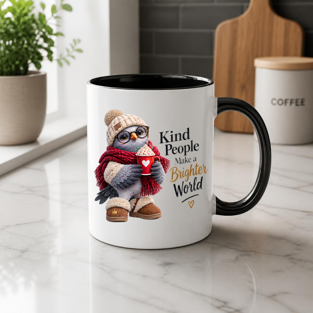Inspirational Mug "Kind People Make a Brighter World Cozy Bird" 325ml Ceramic Coffee Mug – Cute Cozy Bird In Beanie Glasses Scarf Boots Hot Cocoa Gift For Friends Family | Available in Multicolours | Fast Dispatch by UK Seller (M3238)