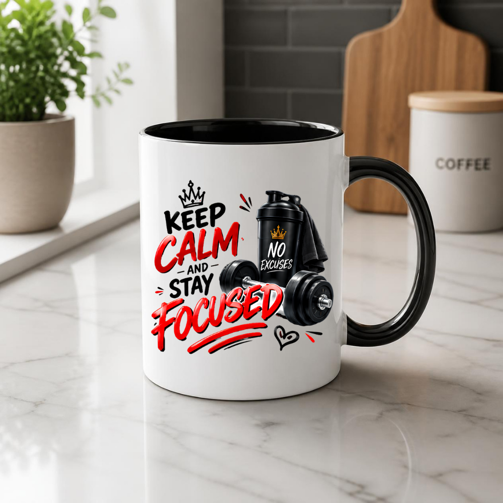 Fitness Mug "Keep Calm And Stay Focused" 325ml Ceramic Coffee Tea Cup – Gym, Dumbbells, Shaker Bottle & Slogan Novelty Gift for Fitness Lovers, Workout Fans, Birthday – Fast Dispatch by UK Seller (M3507)