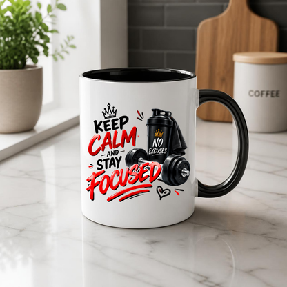 Fitness Mug "Keep Calm And Stay Focused" 325ml Ceramic Coffee Tea Cup – Gym, Dumbbells, Shaker Bottle & Slogan Novelty Gift for Fitness Lovers, Workout Fans, Birthday – Fast Dispatch by UK Seller (M3507)