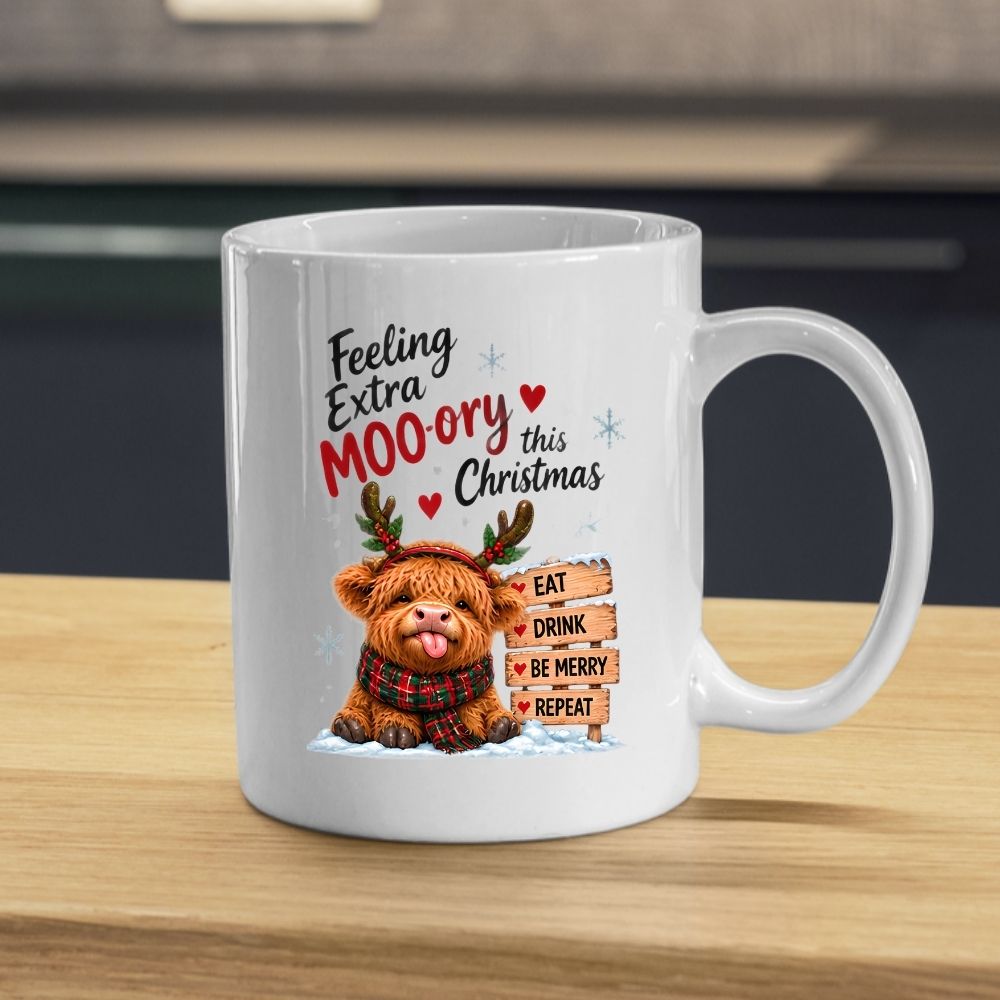 Festive Mug "Feeling Extra Moo-rry This Christmas" Highland Cow 325ml Ceramic Coffee Mug Cute Holiday Tea Cup with Reindeer Antlers, Plaid Scarf & Wooden Sign Gift | Available in Multicolours | Fast Dispatch by UK Seller (M1293)