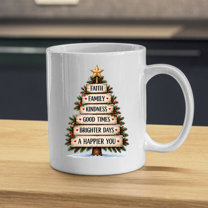 Inspirational "Faith Family Kindness Good Times Brighter Days A Happier You" Wooden Sign Christmas Tree 325 ml Ceramic Coffee Mug Festive Winter Holiday Tea Cup with Golden Star & Rustic Plank Design Gift (M1263)