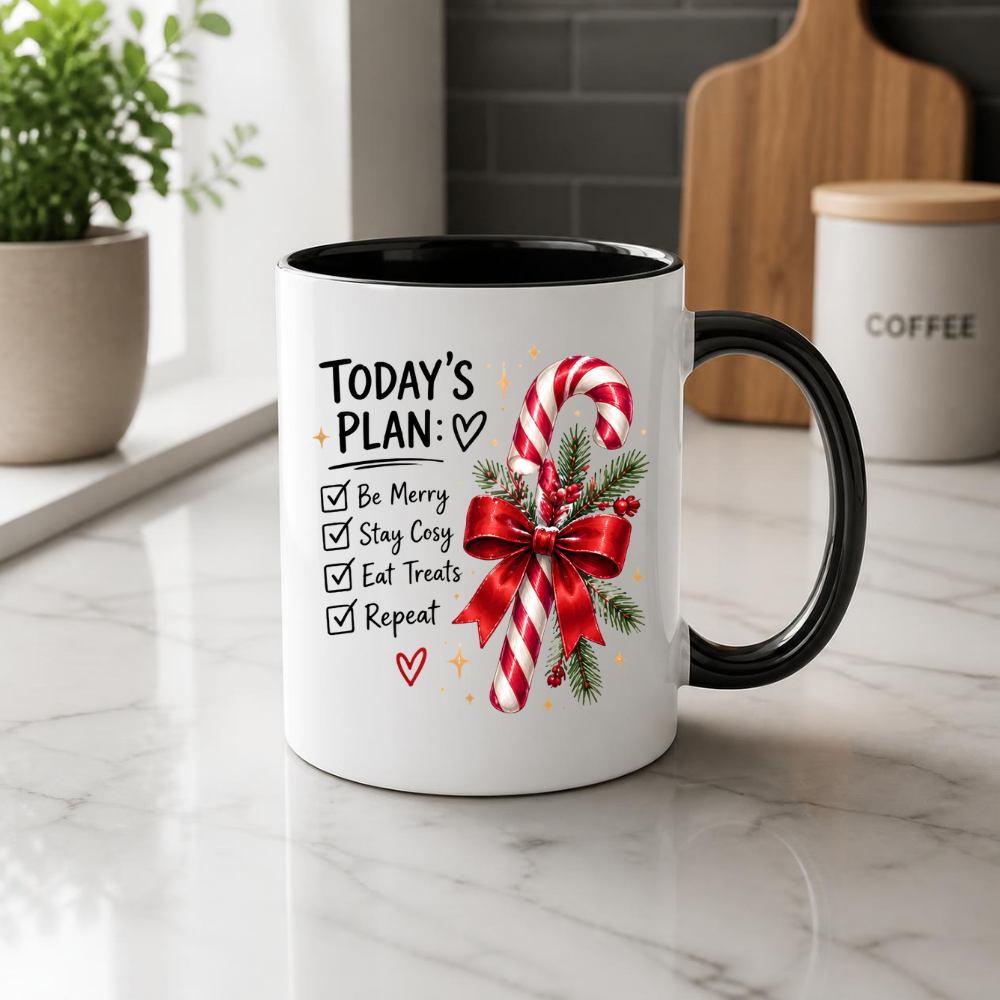 Christmas Candy Cane Checklist Mug "Today's Plan Be Merry Stay Cosy" Today's Plan Be Merry Stay Cosy 325ml Ceramic Coffee Mug – Festive Candy Cane with Red Ribbon & Check-list Artwork | Holiday Gift | Fast Dispatch by UK Seller (M3399)