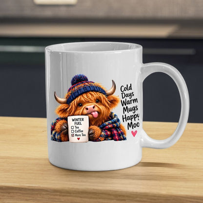 Cozy Mug "Cold Days Warm Mugs Happy Moo" Highland Cow 325ml Ceramic Coffee Mug – Winter Fuel Tea Cup with Knitted Beanie, Scarf & Hearts Gift | Available in Multicolours | Fast Dispatch by UK Seller (M1280)