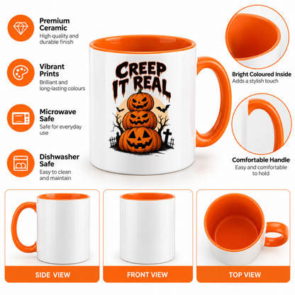 Halloween Mug "Creep It Real Stacked Pumpkins" Creep It Real Stacked Pumpkins 325ml Ceramic Coffee Mug – Funny Halloween Autumn Tea Cup with Jack O Lanterns Graveyard Bats Typography Graphic Gift | Fast Dispatch by UK Seller (M3208)