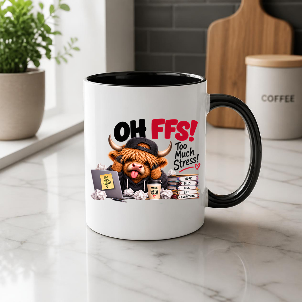 Highland Cow Workplace Stress Mug "OH FFS! Too Much Stress!" Oh Ffs! Too Much Stress! 325ml Ceramic Coffee Mug – Cute Highland Cow at Laptop Desk with Paper Stack, Sticky Notes & Coffee Cup | Funny Office & Work Gift | Fast Dispatch by UK Seller (M3381)