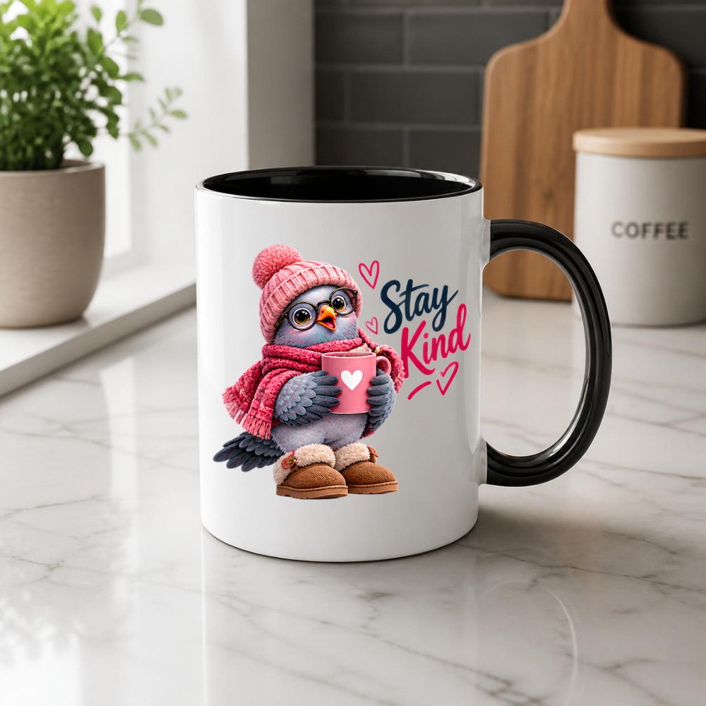 Inspirational Mug "Stay Kind Cozy Bird" Stay Kind 325ml Ceramic Coffee Mug – Cute Cozy Pink Bird in Beanie, Glasses, Scarf & Boots with Hot Cocoa Heartwarming Gift For Friends Family | Available in Multicolours | Fast Dispatch by UK Seller (M3244)