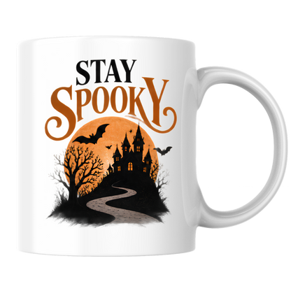 Halloween Mug "STAY SPOOKY" Haunted Castle 325ml Ceramic Coffee Mug Atmospheric Autumn Tea Cup with Full Moon, Winding Path & Bats Graphic Gift | Available in Multicolours | Fast Dispatch by UK Seller (M3080)