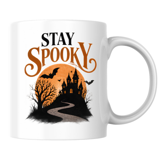 Halloween Mug "STAY SPOOKY" Haunted Castle 325ml Ceramic Coffee Mug Atmospheric Autumn Tea Cup with Full Moon, Winding Path & Bats Graphic Gift | Available in Multicolours | Fast Dispatch by UK Seller (M3080)