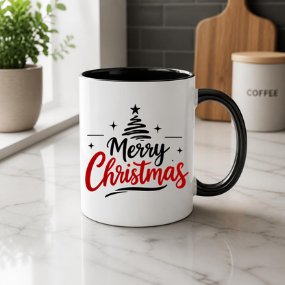 Minimalist Christmas Tree Mug "Merry Christmas" Merry Christmas 325ml Ceramic Coffee Mug – Minimalist Typography Slogan with Black Abstract Christmas Tree, Star Topper & Sparkling Stars | Holiday Gift | Fast Dispatch by UK Seller (M3432)