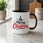 Minimalist Christmas Tree Mug "Merry Christmas" Merry Christmas 325ml Ceramic Coffee Mug – Minimalist Typography Slogan with Black Abstract Christmas Tree, Star Topper & Sparkling Stars | Holiday Gift | Fast Dispatch by UK Seller (M3432)