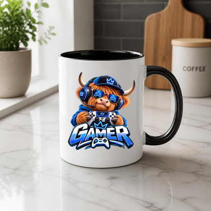 Gaming Mug "Gamer" Highland Cow Gamer 325ml Ceramic Coffee Mug – Cute Highland Cow Gamer in Blue Hoodie & Headset with Controller Art | Video Game Gift | Fast Dispatch by UK Seller (M3347)