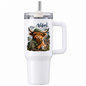 Cute Highland Cow Travel Tumbler "Vibes Rainy Days Good Views Happy Moo" Graphic 40oz Stainless Steel Insulated Travel Mug with Handle & Straw – Hiking Calf in Rain Hat & Jacket Novelty Travel Cup | Fast Dispatch by UK Seller (T3015)