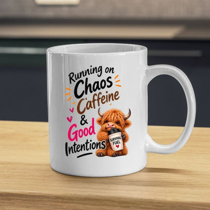 Humorous Mug "Running on Chaos Caffeine & Good Intentions" Highland Cow 325ml Ceramic Coffee Mug Funny Coffee Lover Tea Cup with Survival Fuel Cup Gift | Available in Multicolours | Fast Dispatch by UK Seller (M1286)