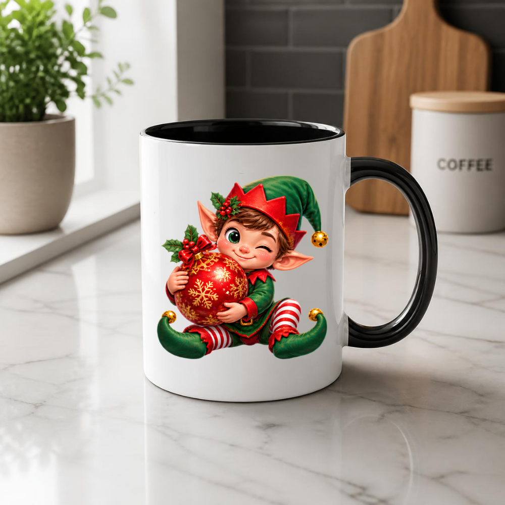 Christmas Mug "Winking Christmas Boy Elf Red Bauble" Winking Christmas Boy Elf 325ml Ceramic Coffee Mug – Cute Festive Tea Cup with Elf Outfit Jingle Bells Snowflake Bauble Graphic Gift | Available in Multicolours | Fast Dispatch by UK Seller (M3186)